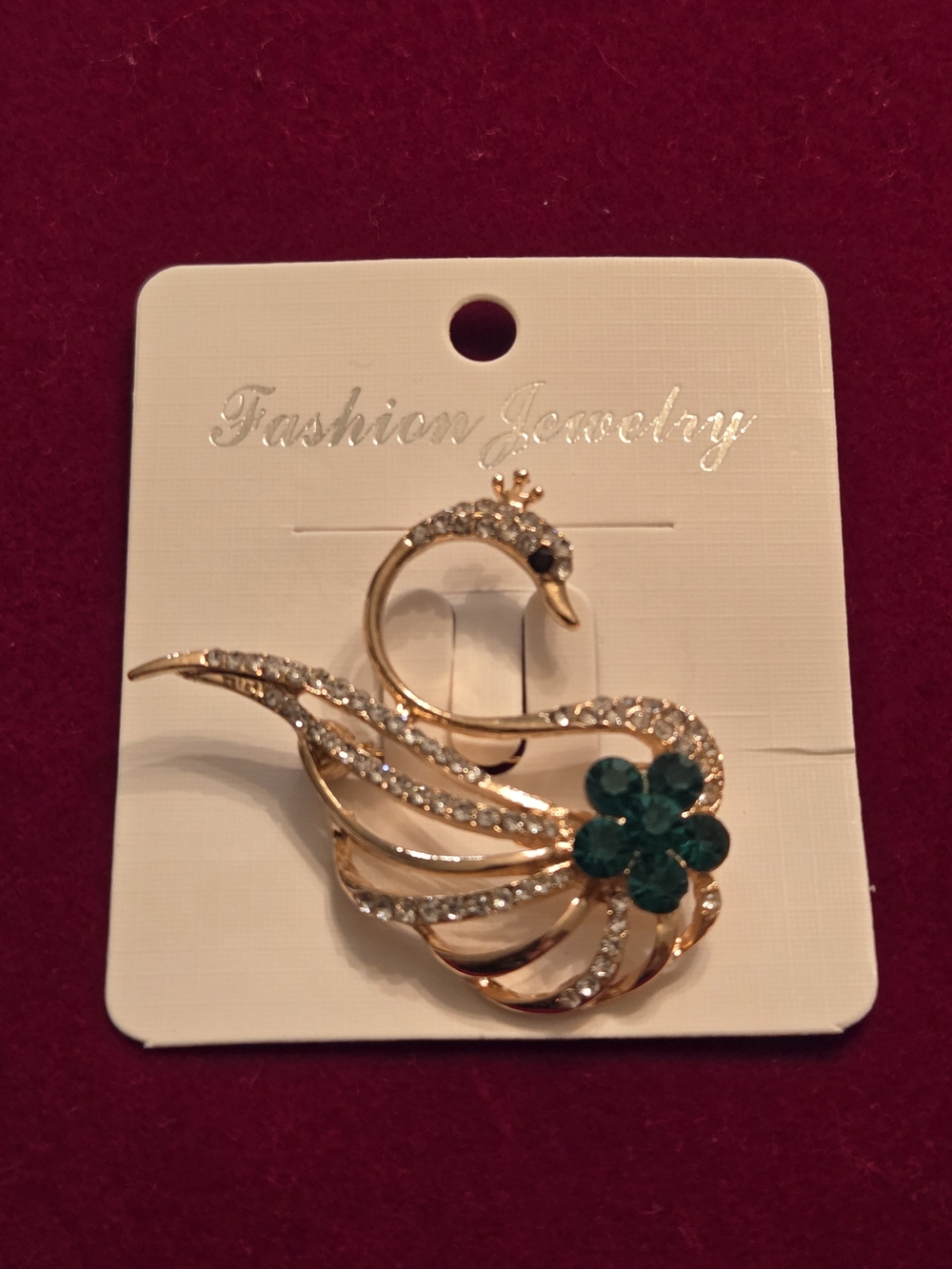 Gold Swan Brooch with Emerald Green Flower by Fashion Jewelry